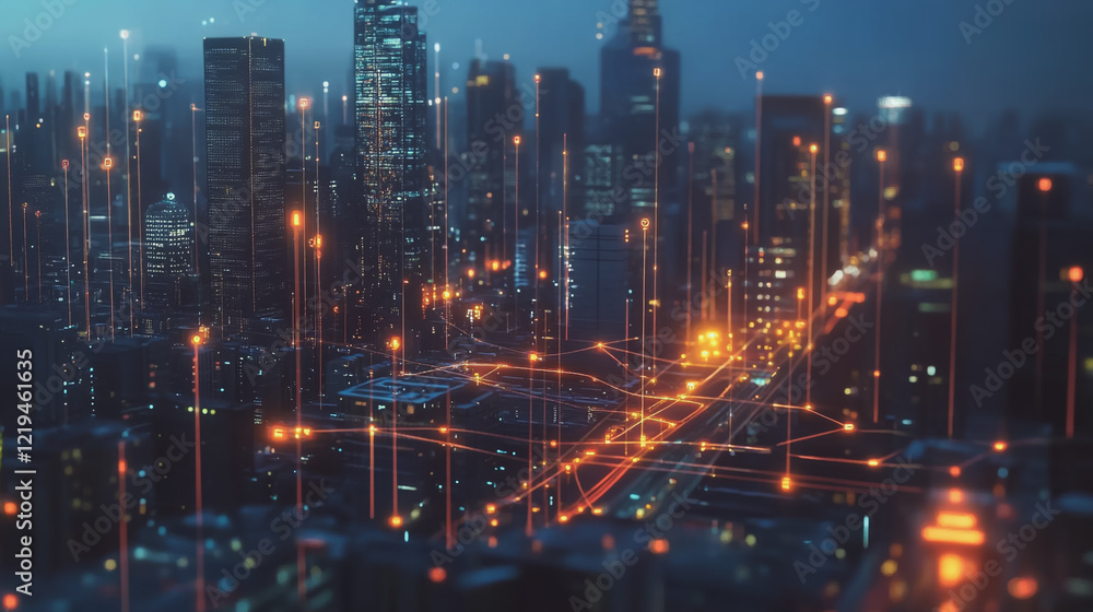 Obraz premium Smart digital Innovation city with connection network reciprocity over the twilight cityscape. of future smart wireless digital city and social media networking systems that connects people with city