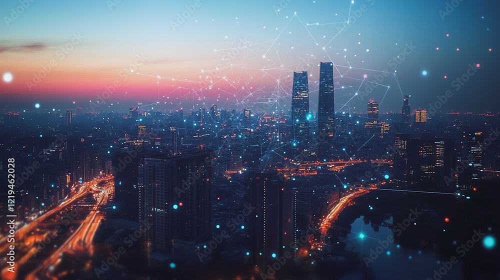 Obraz premium Smart digital Innovation city with connection network reciprocity over the twilight cityscape. of future smart wireless digital city and social media networking systems that connects people with city 