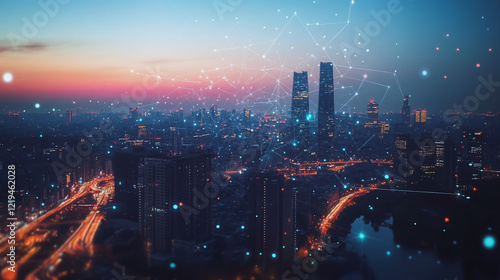 Wallpaper Mural Smart digital Innovation city with connection network reciprocity over the twilight cityscape. of future smart wireless digital city and social media networking systems that connects people with city
 Torontodigital.ca