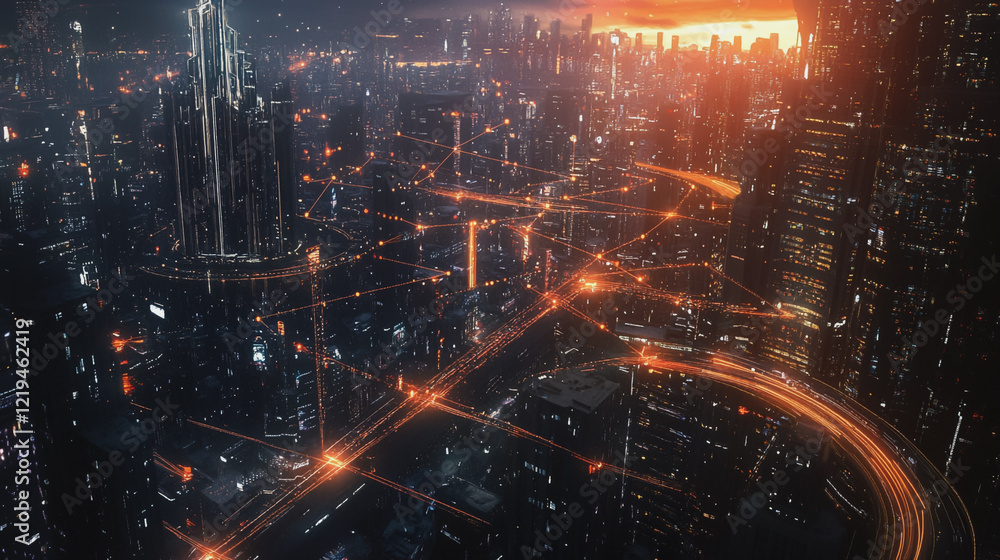 Obraz premium Smart digital Innovation city with connection network reciprocity over the twilight cityscape. of future smart wireless digital city and social media networking systems that connects people with city 