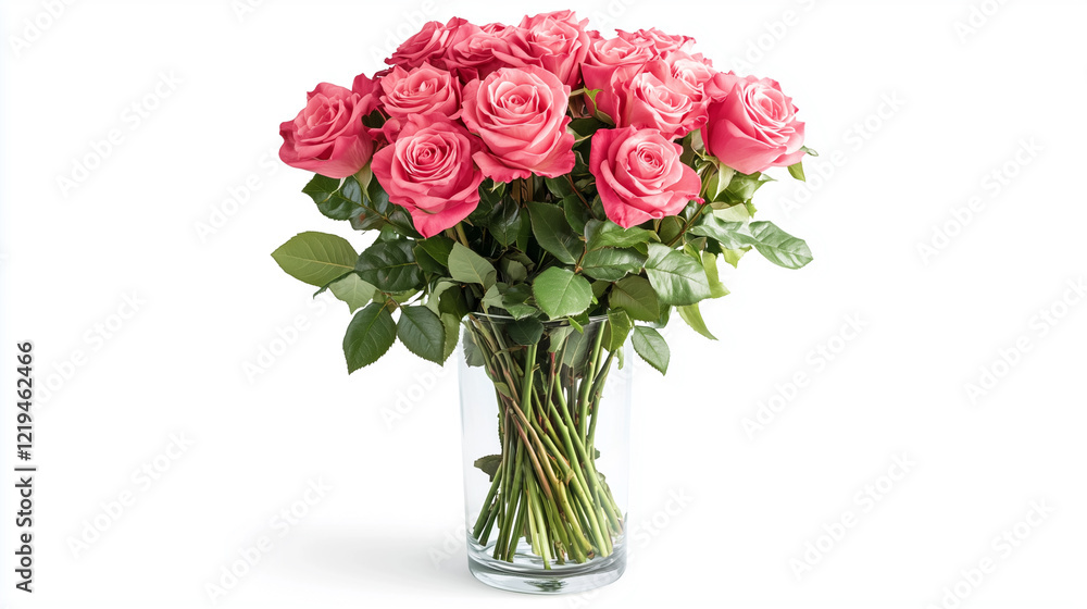 A bouquet of fresh roses in a transparent glass vase, captured elegantly on a bright white background. A bouquet of fresh roses in a transparent glass vase, captured elegantly on a bright white background.