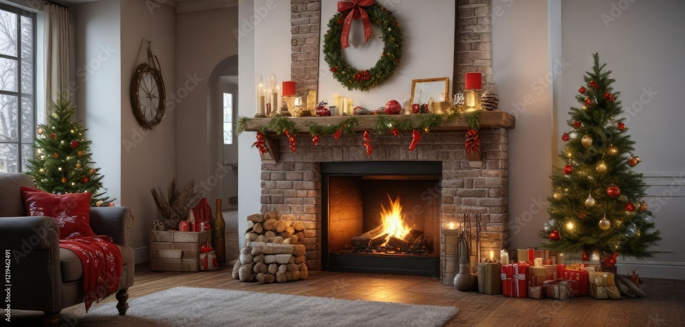 Obraz premium Fireplace with festive decorations and stockings hung by the chimney, cozy room, warm lighting
