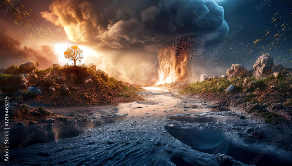 Fototapeta premium Impact of the Most Costly Natural Disaster Reflecting on a Desolate Landscape