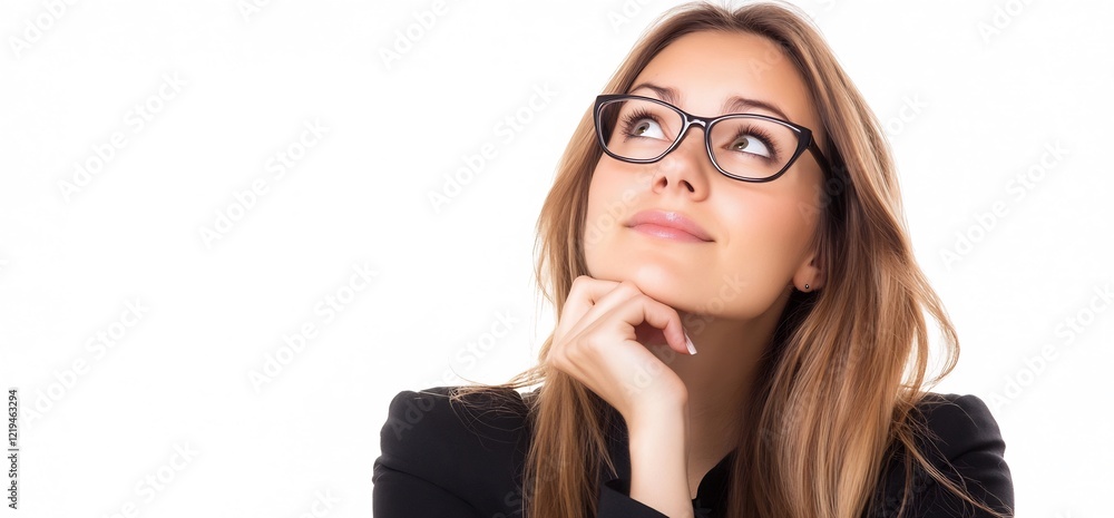 Woman in glasses, thinking, white background. Website header Woman in glasses, thinking, white background. Website header