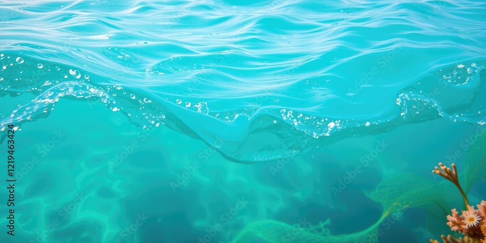 Elegant waves of turquoise water flow through a serene underwater scene with soft coral and seaweed swaying in the current, wavy patterns, aquatic life Elegant waves of turquoise water flow through a serene underwater scene with soft coral and seaweed swaying in the current, wavy patterns, aquatic life