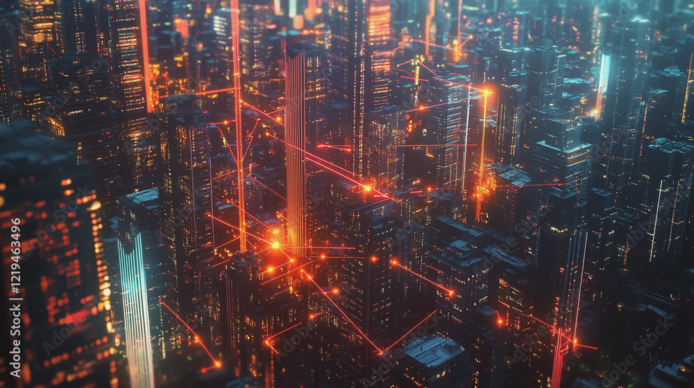 Fototapeta premium Smart digital Innovation city with connection network reciprocity over the twilight cityscape. of future smart wireless digital city and social media networking systems that connects people with city 