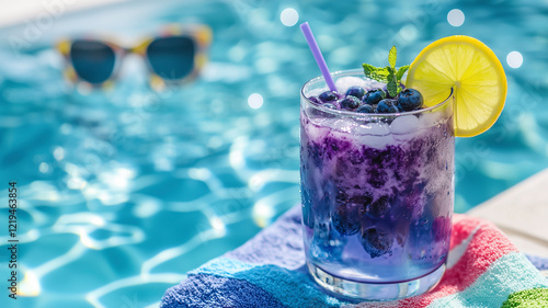 A tropical poolside setup featuring a Blueberry Smash with vibrant summer elements. photo