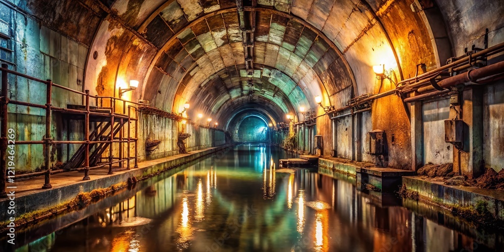 Obraz premium Soviet Cold War Submarine Base: Flooded Subterranean Naval Shelter - Vintage Documentary Photography