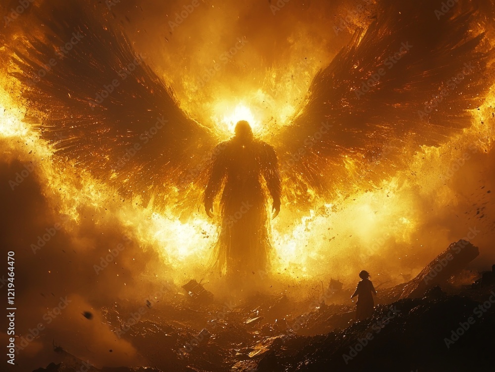 guardian angel stands tall in chaotic setting one hand raised stop destruction while other shields child from harm.