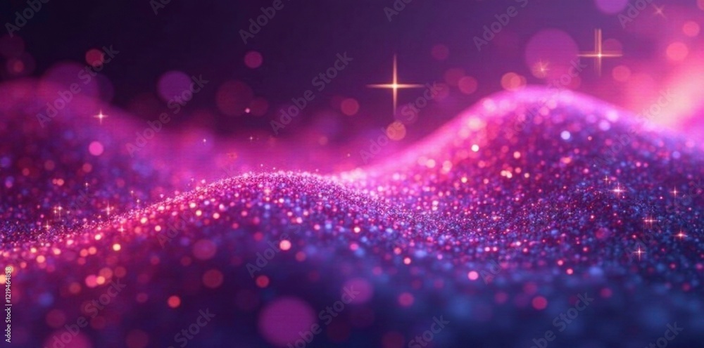 Obraz premium Iridescent sparkling particles suspended in a flowing light wave of deep pink and purple hues, optical effect, light wave