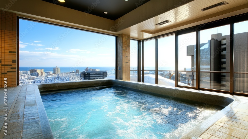 Obraz premium Indoor jacuzzi with ocean view, snowy landscape; relaxation, luxury hotel