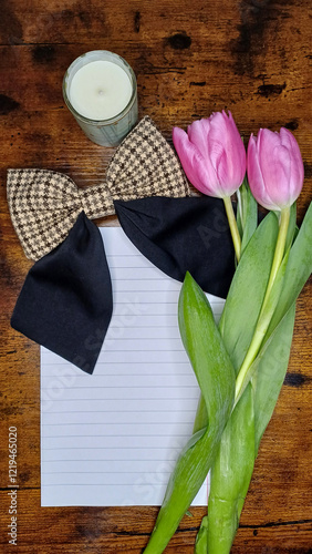 Obraz na plátně A composition of a card, a bow, flowers and a candle
