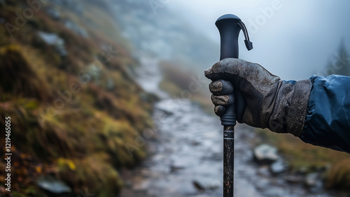 Close-up of a trekking pole against misty mountains, telling a story of rugged trails and exploration. photo