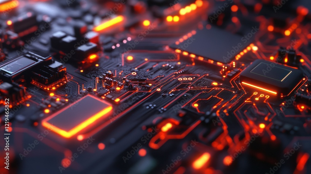 A close-up view of a circuit board illuminated with glowing red lights. A close-up view of a circuit board illuminated with glowing red lights.