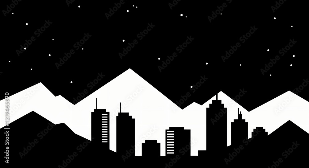 Fototapeta premium Silhouette cityscape against starry night with mountain backdrop