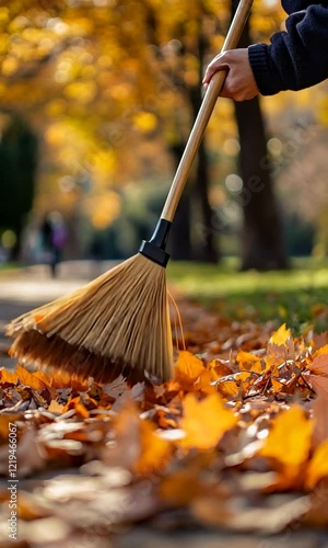 Wallpaper Mural Person sweeping colorful autumn leaves in a park setting Torontodigital.ca
