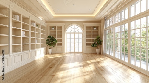 Wallpaper Mural Spacious, sunlit room with large windows, wooden floors and built-in bookshelves. Torontodigital.ca