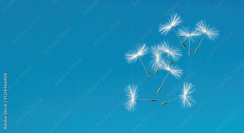 Obraz premium Floating dandelion seeds on clear blue sky background
