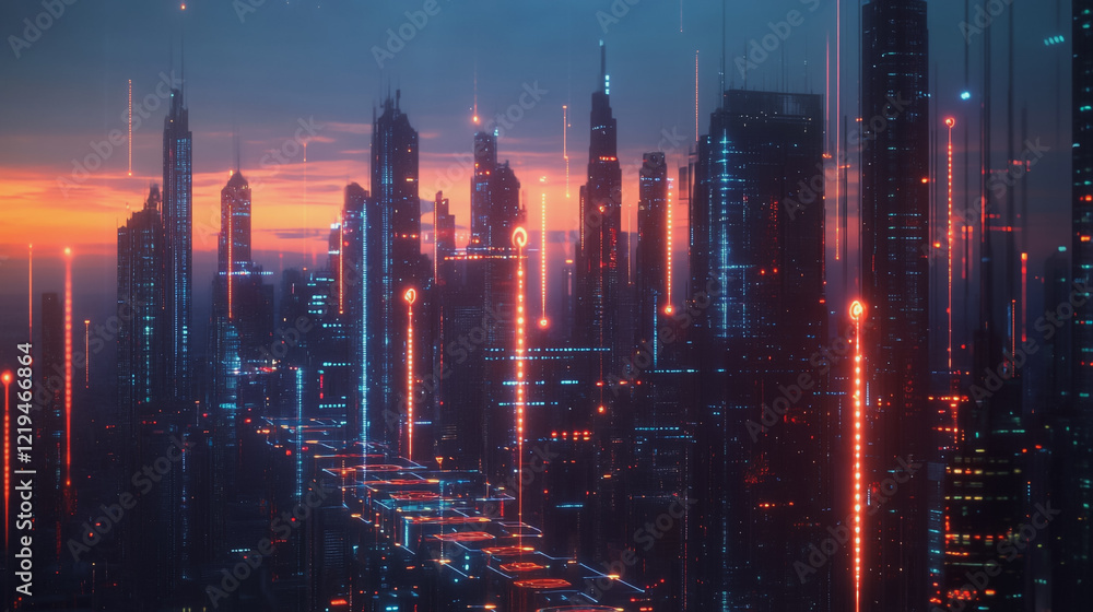 Fototapeta premium Smart digital Innovation city with connection network reciprocity over the twilight cityscape. of future smart wireless digital city and social media networking systems that connects people with city 