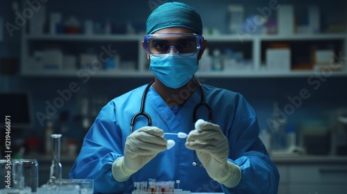 healthcare, profession and medicine concept - indian doctor or male nurse in blue uniform, face mask, goggles and gloves with cotton swab and test tube over laboratory or hospital background photo