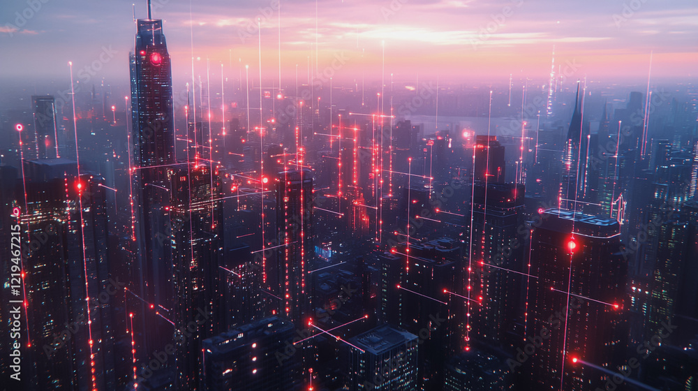 Fototapeta premium Smart digital Innovation city with connection network reciprocity over the twilight cityscape. of future smart wireless digital city and social media networking systems that connects people with city 