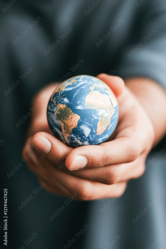 Close-up of cupped hands gently holding small earth globe, symbolizing environmental protection and care Close-up of cupped hands gently holding small earth globe, symbolizing environmental protection and care