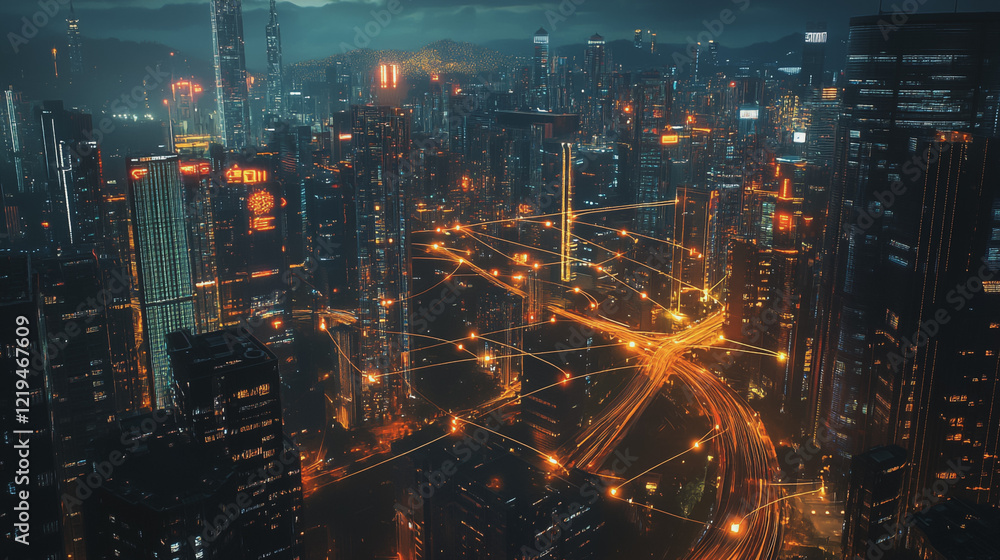 Fototapeta premium Smart digital Innovation city with connection network reciprocity over the twilight cityscape. of future smart wireless digital city and social media networking systems that connects people with city 