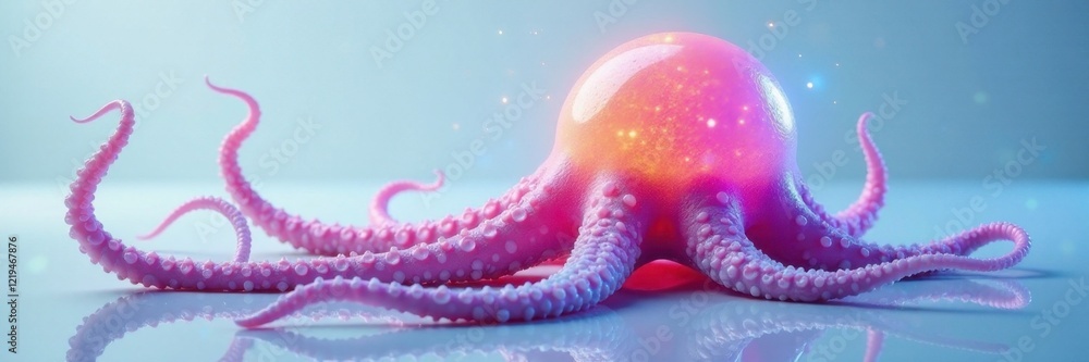 Obraz premium Iridescent tentacles stretch from glowing orb on white surface, glow, aquatic, tentacle
