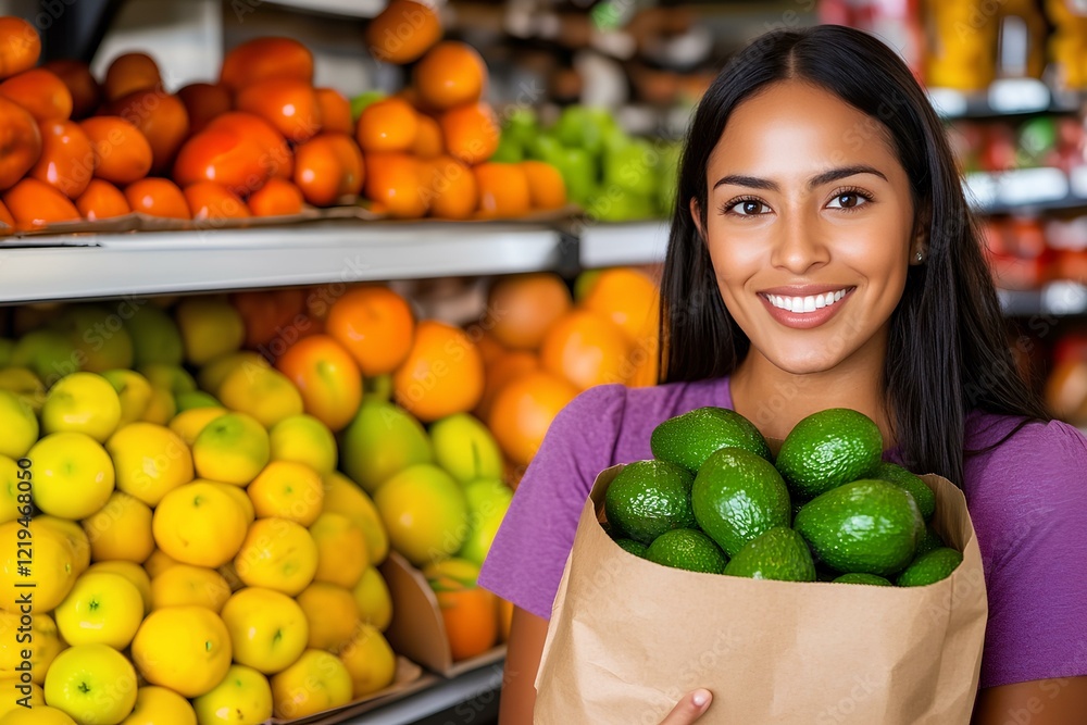Bright and happy Mexican woman holding a bag of green avocados in the fresh produce section of a grocery store. Bright and happy Mexican woman holding a bag of green avocados in the fresh produce section of a grocery store.