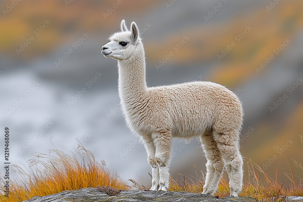 Fototapeta premium Young White Alpaca Standing on a Rocky Outcrop