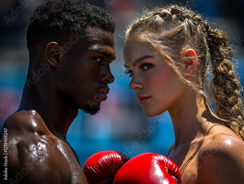 boxer and fiercely determined woman stand face face in boxing ring. Their intense expressions and confident stances highlight contrast between their athleticism and drive. photo