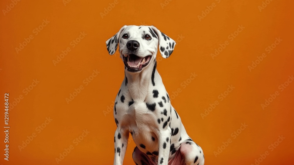 Cheerful Dalmatian Dog Against Vibrant Orange Background Cheerful Dalmatian Dog Against Vibrant Orange Background