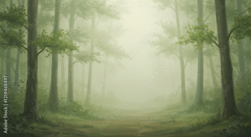 Serene misty forest path with lush greenery and tranquil atmosphere Serene misty forest path with lush greenery and tranquil atmosphere