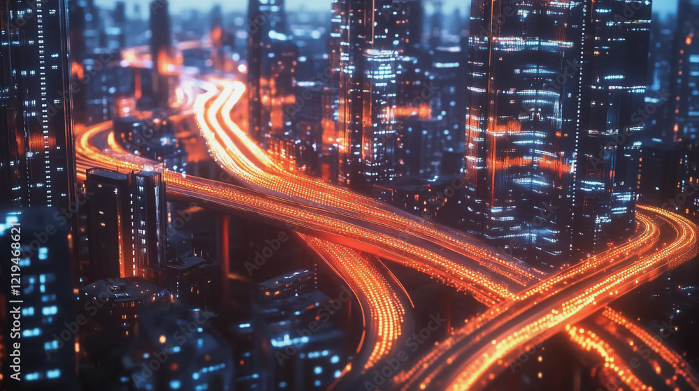 Naklejka premium Smart digital Innovation city with connection network reciprocity over the twilight cityscape. of future smart wireless digital city and social media networking systems that connects people with city 