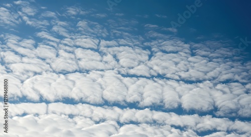 Fluffy white clouds in a clear blue sky creating a serene and peaceful atmosphere photo