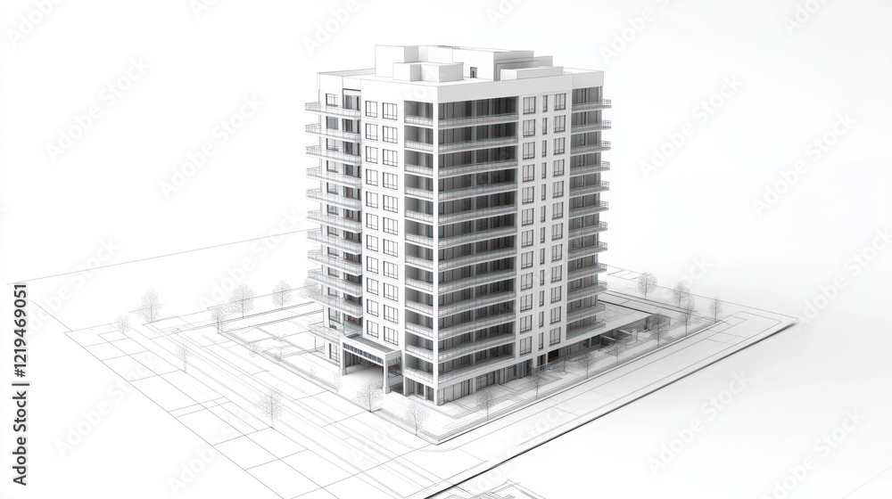 Fototapeta premium Architectural 3D Model: Modern Apartment Building Design