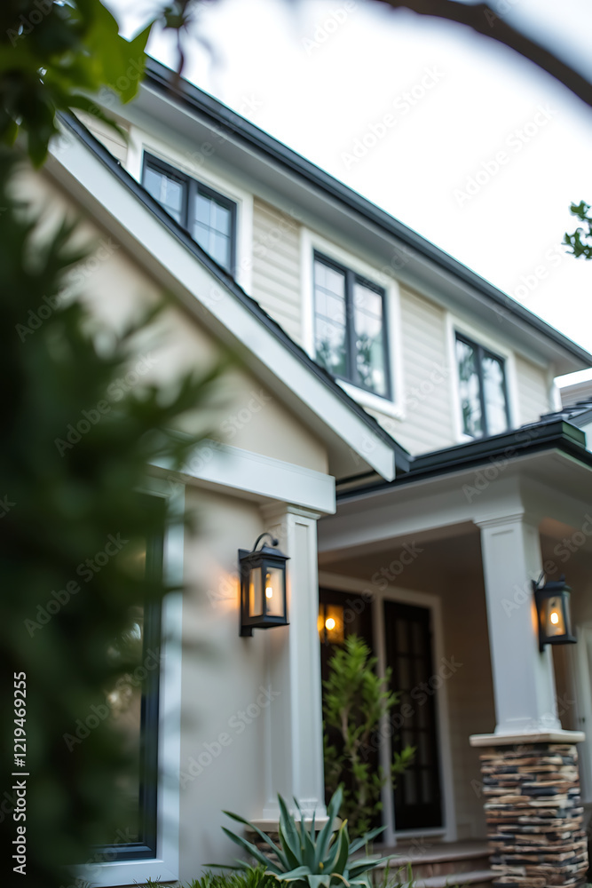 Fototapeta premium Luxury Home Exterior: Modern Architectural Design, Landscaping, and Lighting