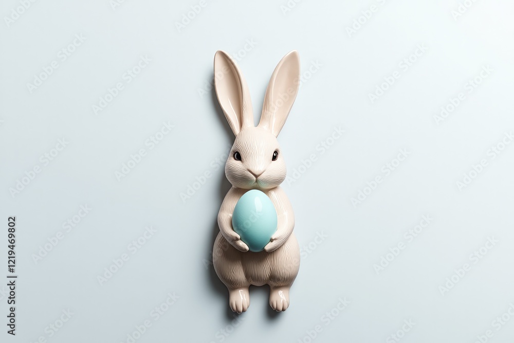 Obraz premium Charming rabbit holds an elegant blue egg against soft pastel ba