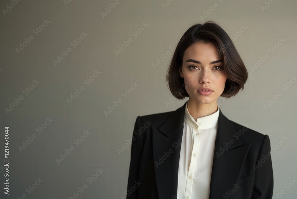 Stunning brunette woman poses confidently in sleek bob haircut Stunning brunette woman poses confidently in sleek bob haircut