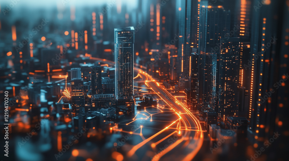 Fototapeta premium Smart digital Innovation city with connection network reciprocity over the twilight cityscape. of future smart wireless digital city and social media networking systems that connects people with city 
