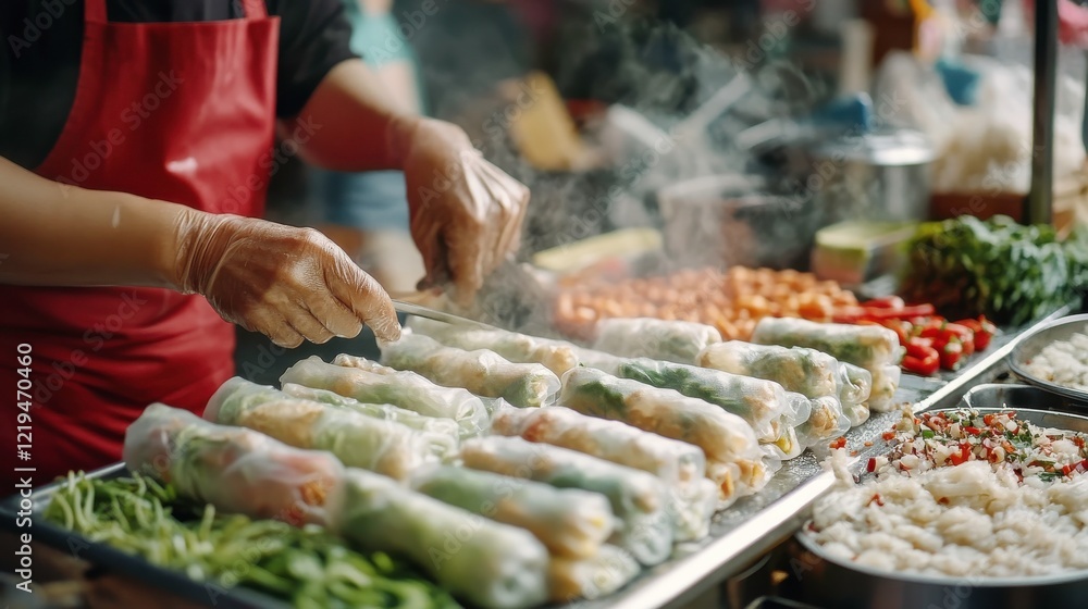 Obraz premium Fresh Spring Rolls at a Vibrant Food Market