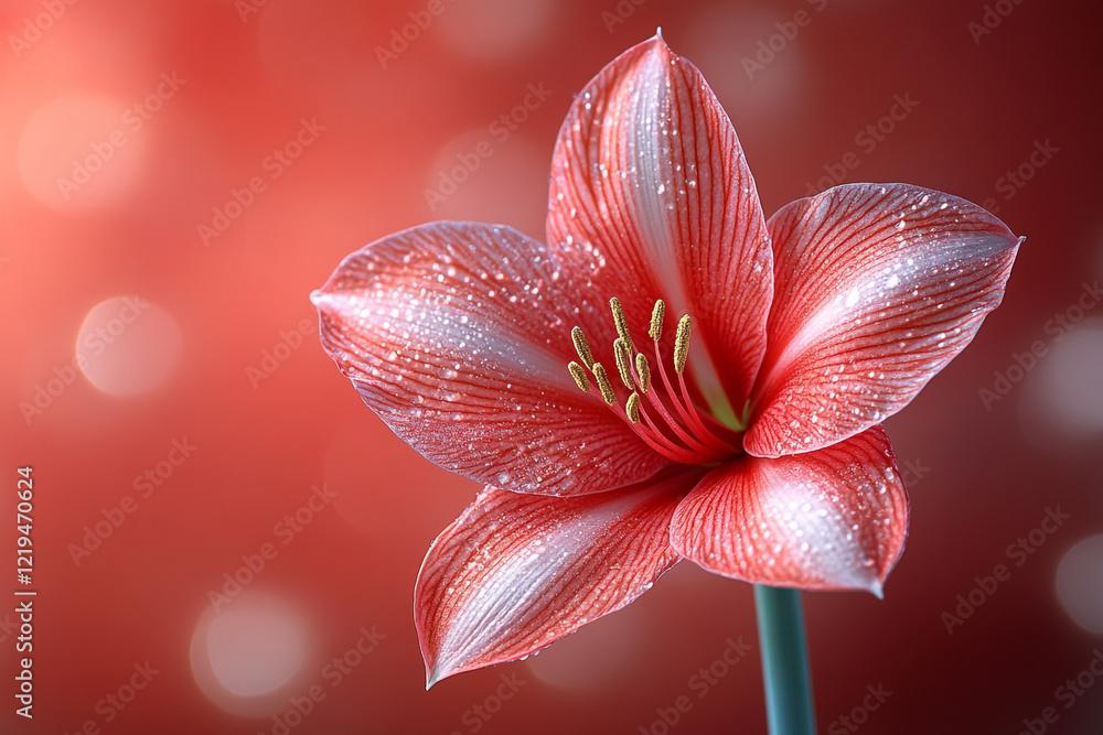 Fototapeta premium Amaryllis flower with dew drops a vibrant red bloom