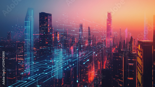 Wallpaper Mural Smart digital Innovation city with connection network reciprocity over the twilight cityscape. of future smart wireless digital city and social media networking systems that connects people with city
 Torontodigital.ca