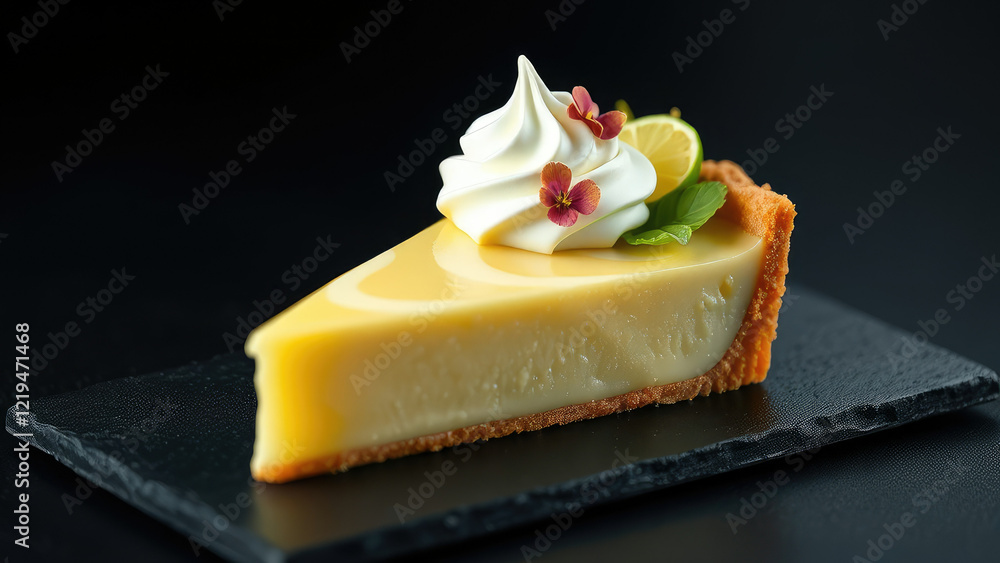 Elegant lime pie dessert with whipped cream decoration on black slate plate, fine dining, culinary art, gastronomy Elegant lime pie dessert with whipped cream decoration on black slate plate, fine dining, culinary art, gastronomy