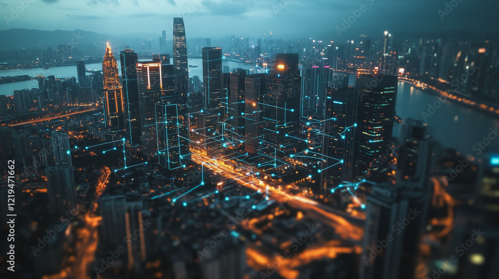 Fototapeta premium Smart digital Innovation city with connection network reciprocity over the twilight cityscape. of future smart wireless digital city and social media networking systems that connects people with city 