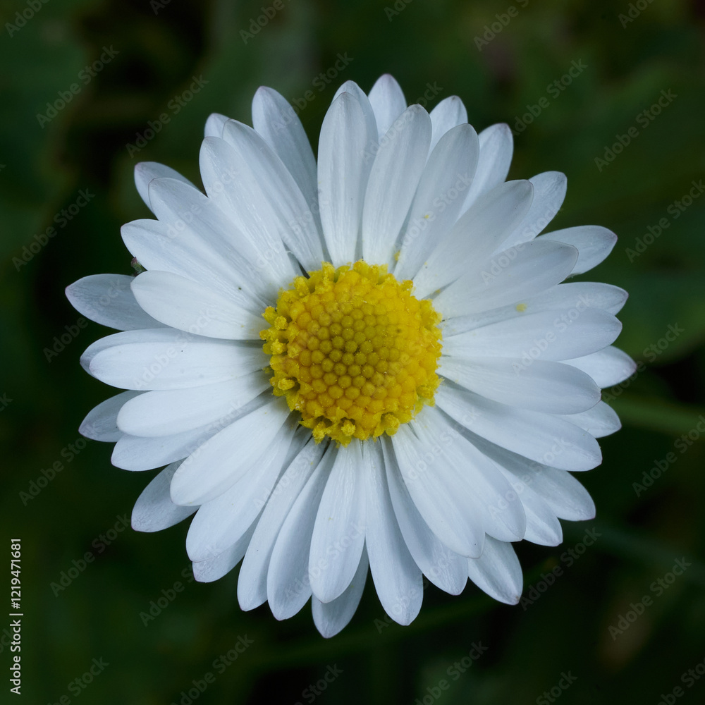 Fototapeta premium Daisy flower seen from above with grass below seen by macro-photography