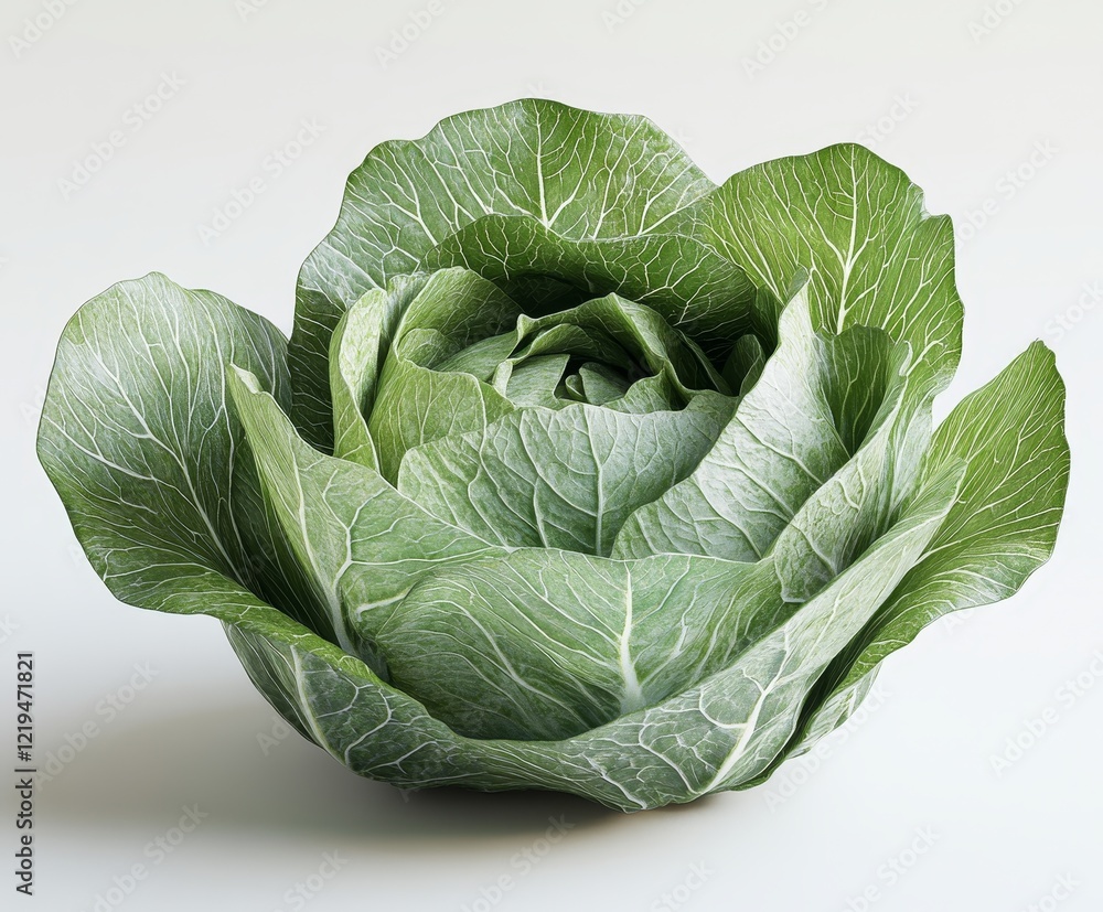 Obraz premium Fresh green cabbage with detailed texture and natural light on a white background 1