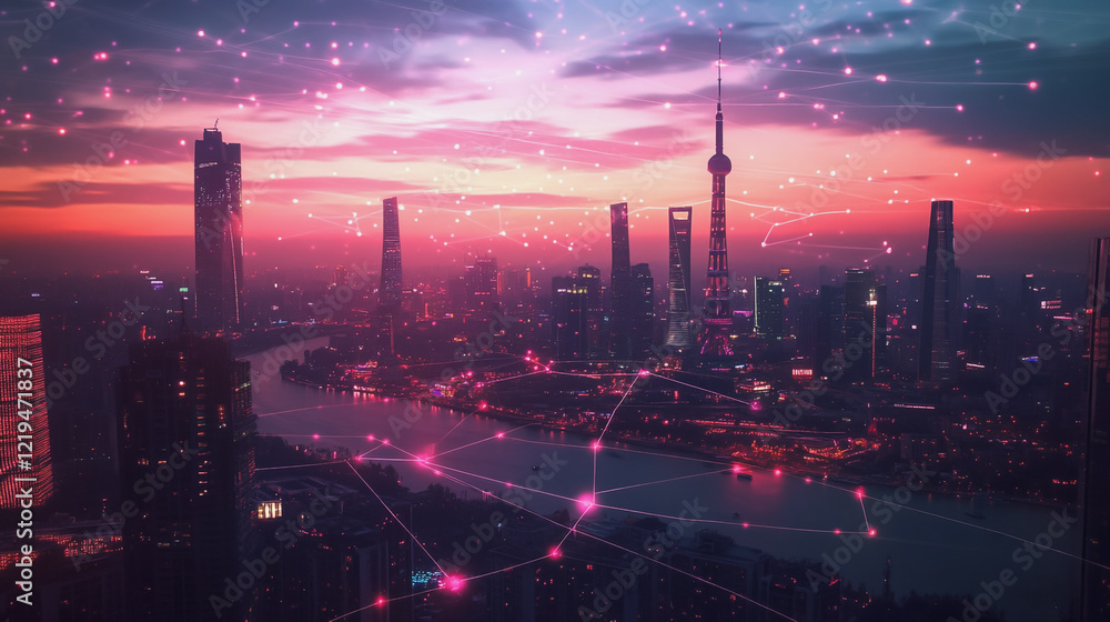 Fototapeta premium Smart digital Innovation city with connection network reciprocity over the twilight cityscape. of future smart wireless digital city and social media networking systems that connects people with city 