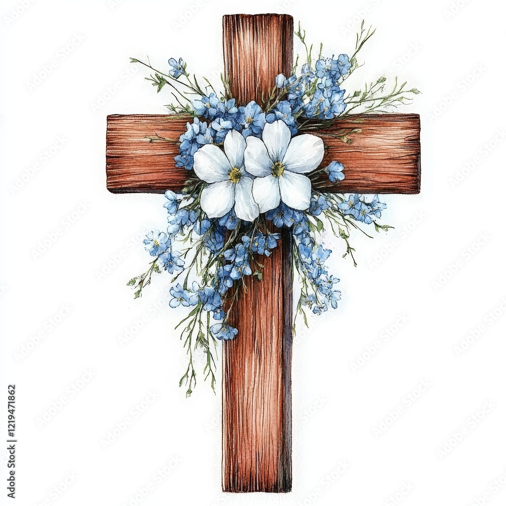Obraz premium Beautiful Floral Wooden Cross with Blue Flowers and Greenery