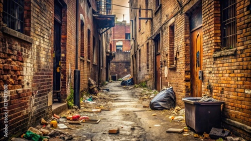 Dusty alleyway with crumbling brick walls and trash scattered on the ground, urban decay, grime, brick, street, neglect